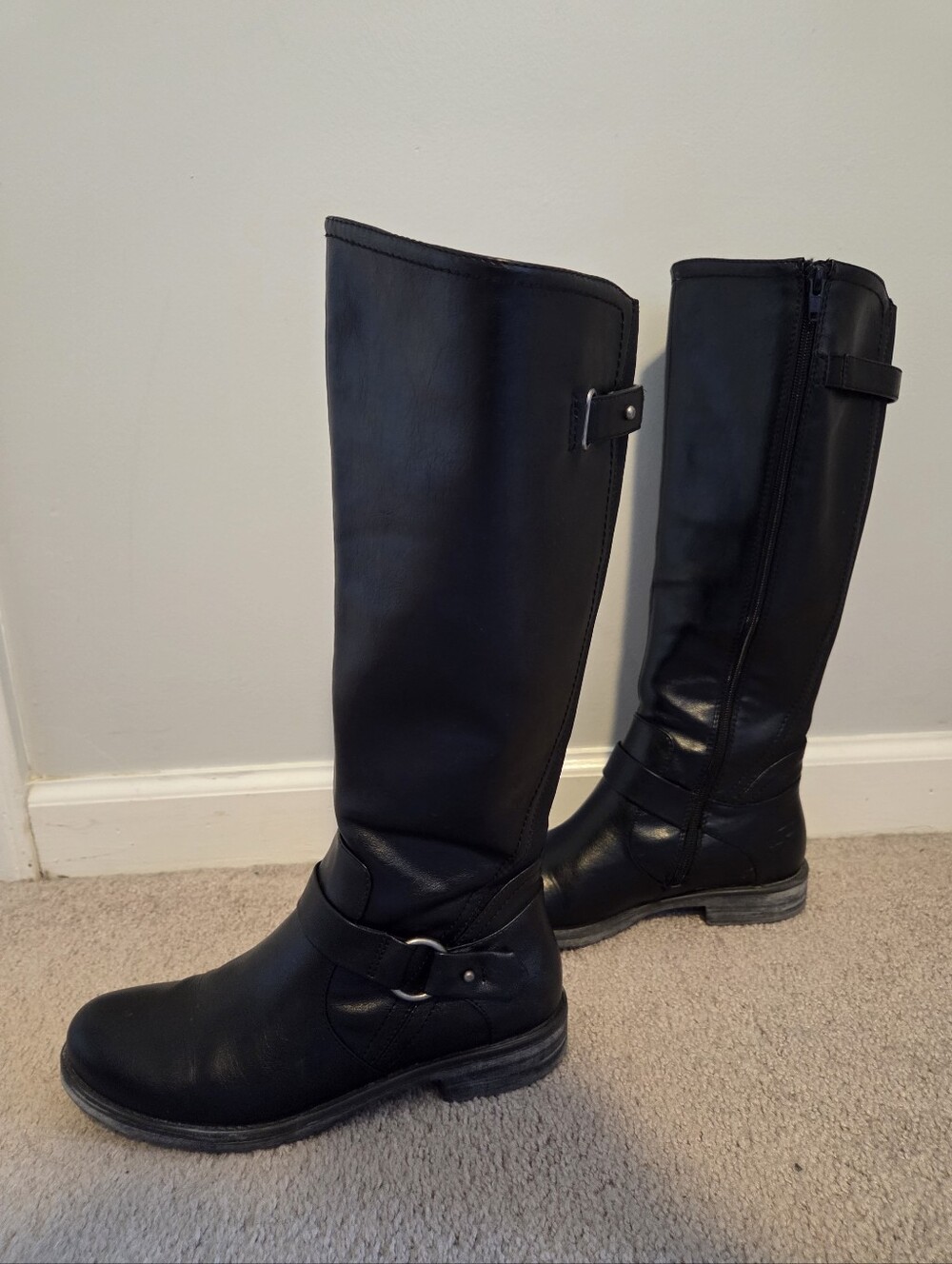 BareTraps Black Leather Tall Riding Boots with Buckle Detail